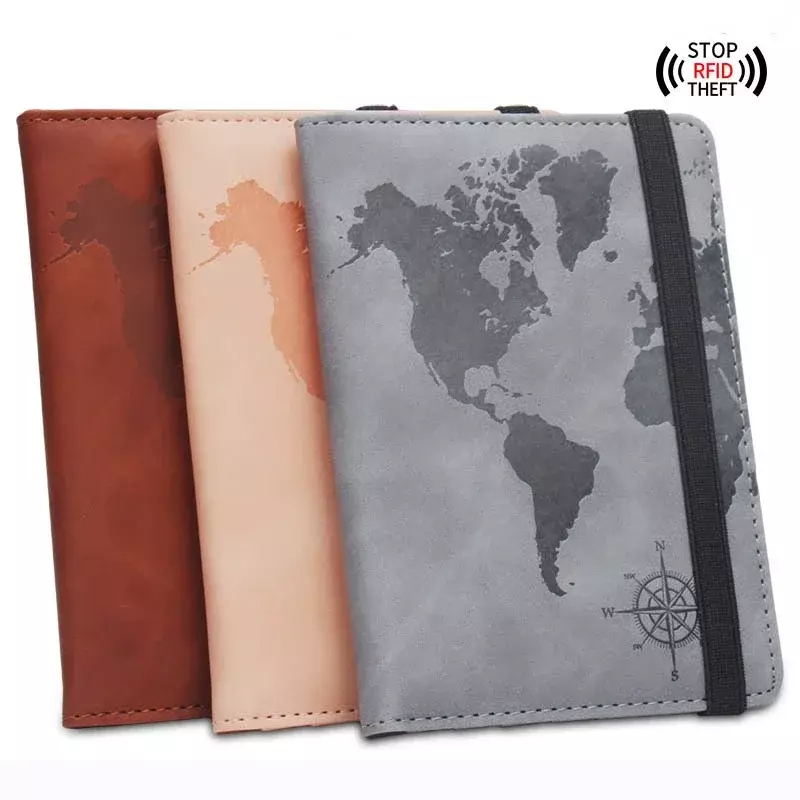 Porte-passeport carte du monde RFID, portefeuille de voyage, sangle à clip, anti-magnétique, multi-cartes, bande élastique, pince à billets