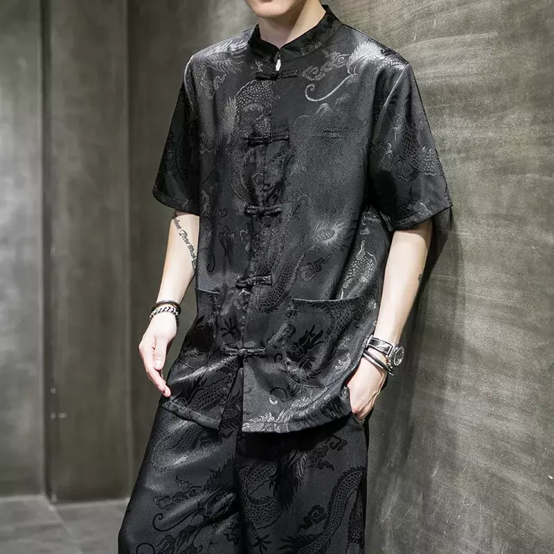 Chemises Jacquard Dragon Tang pour hommes, coton trempé, lin, col montant, manches courtes, traditionnel, à la mode, chinois, été