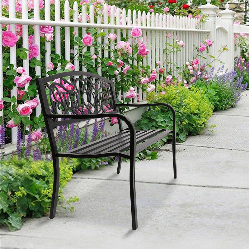 50" Outdoor Welcome Backrest Cast Iron Bench Garden Park Courtyard Bench[US-Stock]