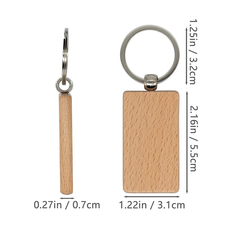 100 Pcs Wooden Blanks Wood Key Chain DIY Keychain For DIY Crafts(Round+Rectangle)