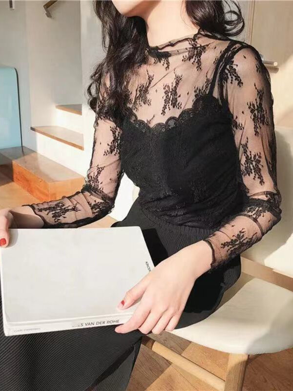 Female Leisure Women Mesh Top Long Sleeve See Through Lace T-shirts Sexy Transparent Fishnet Tops Clubwear Tee Shirts