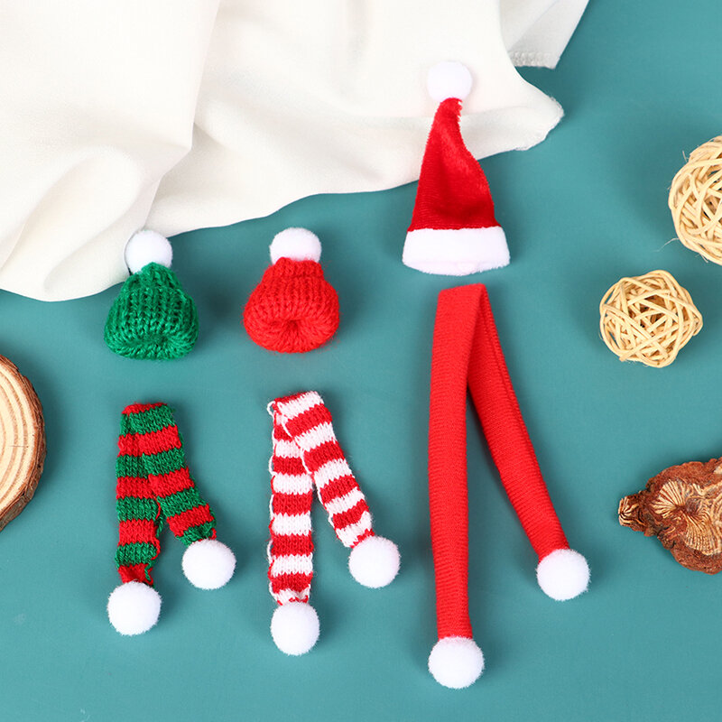 Boneka Mini Natal, 1 Set syal dan topi dekorasi pakaian boneka aksesori kepala mainan