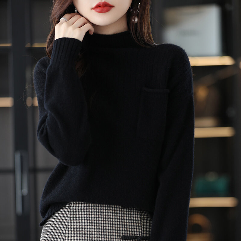Suéter de cuello redondo medio alto para mujer, nuevo estilo con bolsillos, camisa de punto de lana pura, suelta y gruesa, otoño e invierno, 2022