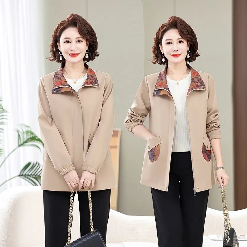2024 New Short Windbreaker Jacket Female Spring Autumn Trench Coat Large Size Fashion Outerwear Middle-Aged Elderly Women Tops