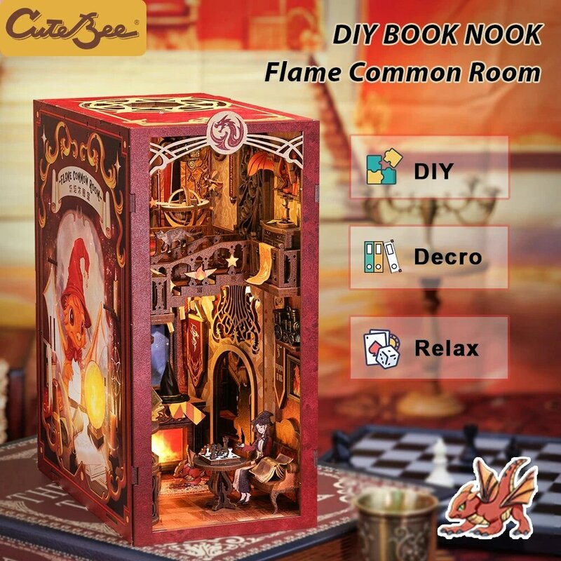 CUTEBEE DIY Book Nook Doll House with LED Light Dust Cover Bookshelf Insert Decoration Model For Birthday Gift Eternal Bookstore