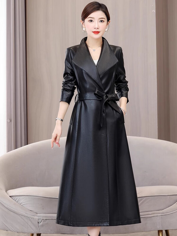 New Women Long Leather Coat Autumn Winter Fashion Chic Turn-down Collar Lace-up Slim Split Leather Overcoat Casual Trench Coat