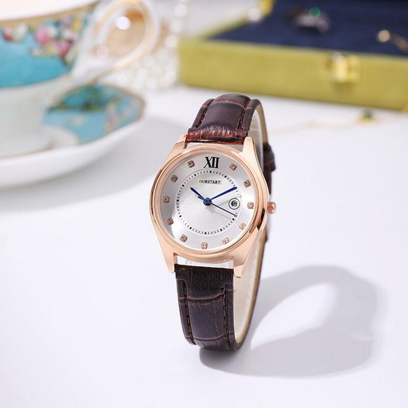 Senhoras Elegante Rhinestone Decor Quartz Watch, relógio de estudante, ajustável pulseira de couro sintético, calendário, alta precisão para namoro