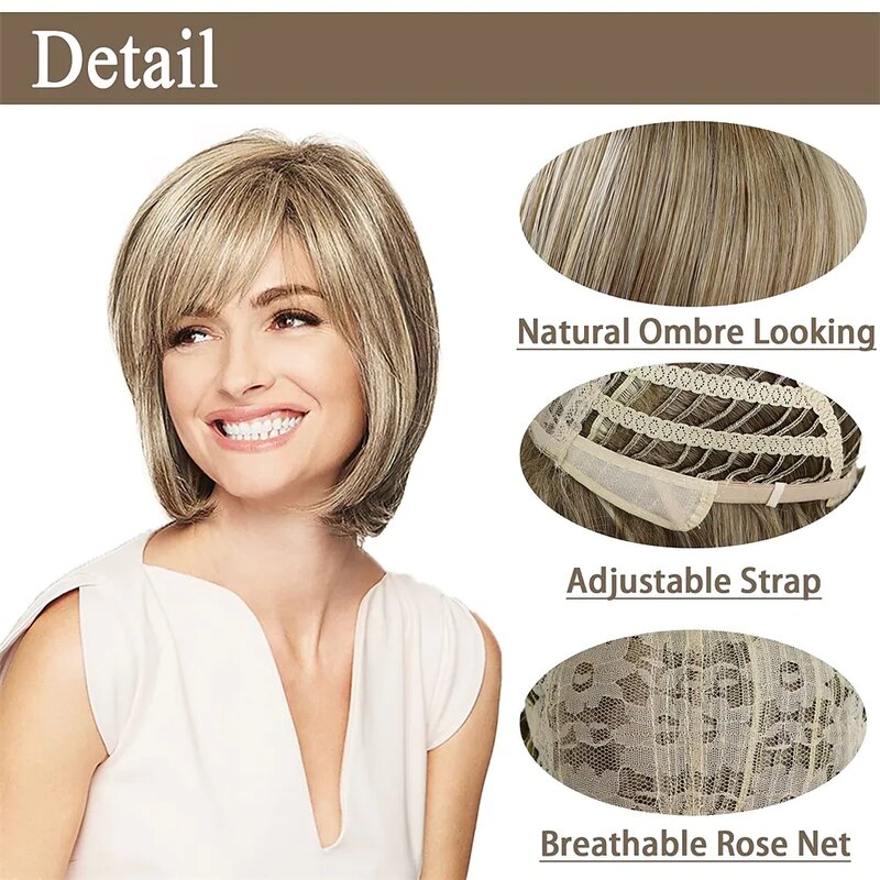 Short Light Brown Mix Blonde Bob Natural Wig with Bangs for White Women Synthetic Hairstyles with Highlight Soft Hair Wigs Women