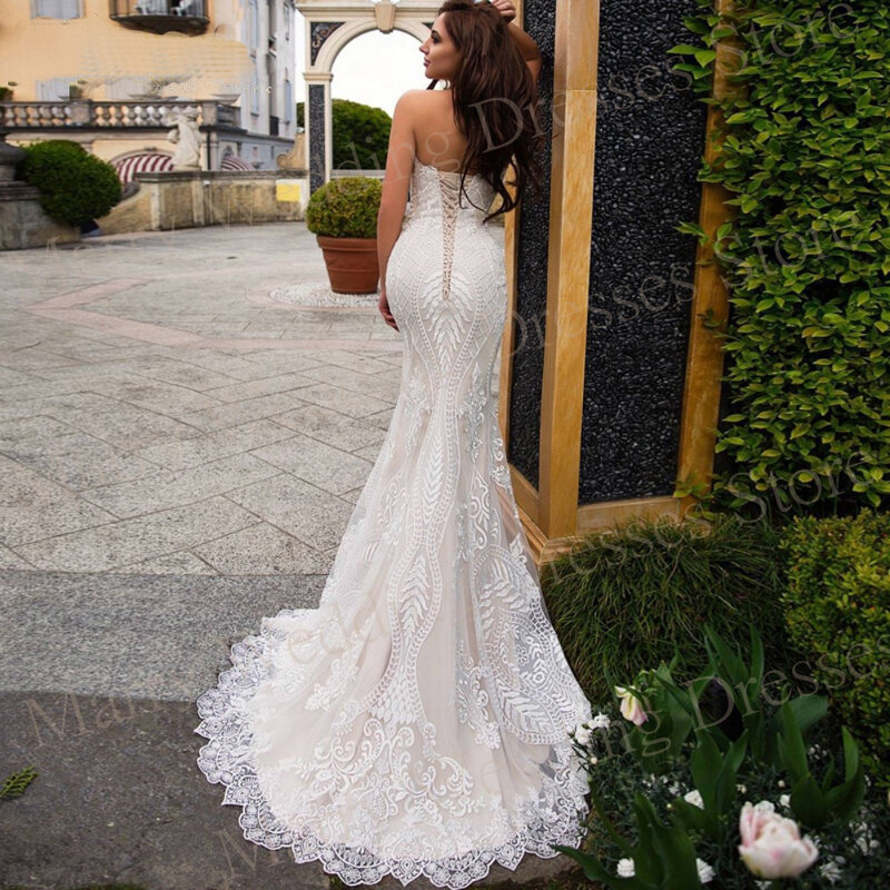 Gaun pernikahan indah putri duyung garis ramping seksi gaun pengantin tanpa tali applique tanpa lengan punggung terbuka Vestidos De Novia