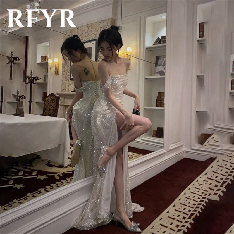 فستان سهرة من RFYR-Shinny مع انقسام ، مكشوف الكتف ، حورية البحر ، مثير ، طويل ، مناسبة خاصة