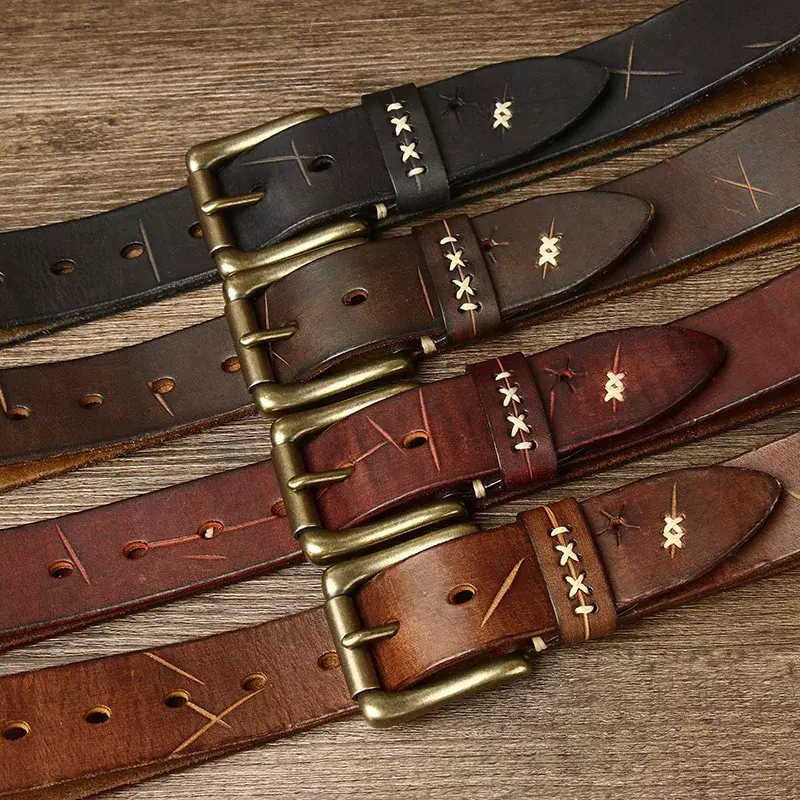 3.8CM Men High Quality Genuine Leather Belt Luxury Designer Brass Pin Buckle Belts Pure Cowskin Vintage Strap Male Jeans for Man