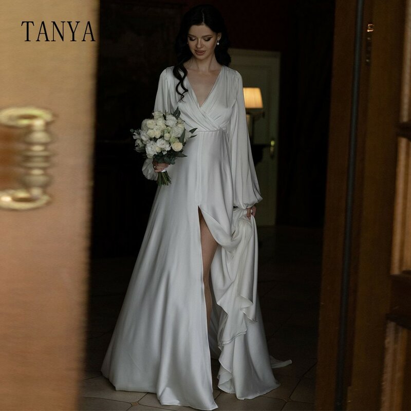 Soft Satin Wedding Dress With Long Sleeves V Neck Backless A Line Sweep Train Wedding Dress High Split Elegant Robe De Mariée