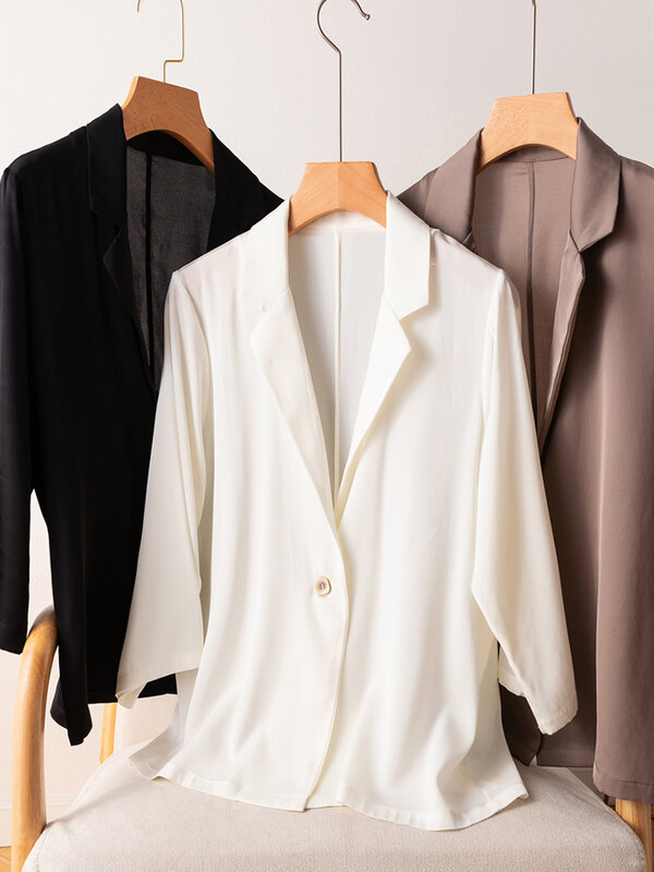 Chaqueta de seda de morera para mujer, 95% Spandex, 19 momme, negro, blanco, marrón, un botón, trabajo de oficina, M, L, XL, 5%