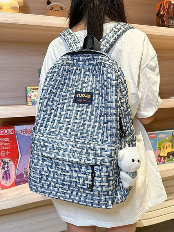 Japanese ins college style student backpack female Korean version large capacity minimalist Harajuku chessboard schoolbag