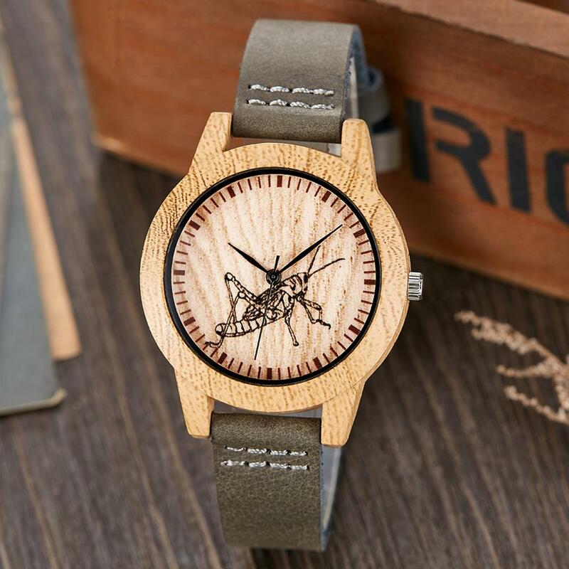 Reloj de madera creativo para hombre y mujer, pulsera de cuarzo de imitación de bambú minimalista, de cuero marrón suave, 2023