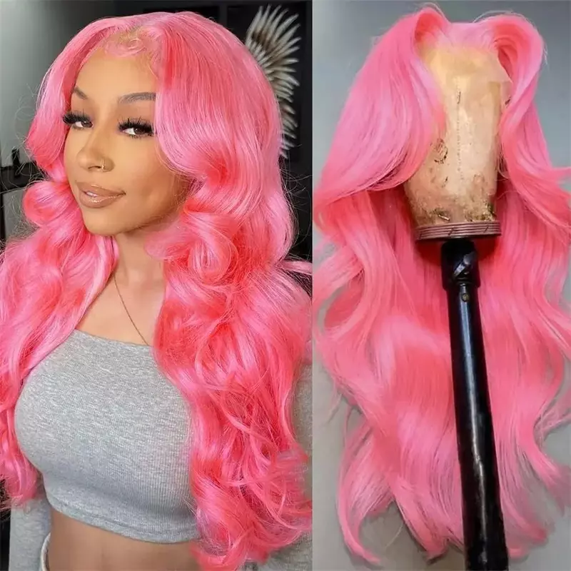 Wig rambut manusia Frontal renda merah muda 13x6 hd untuk wanita pilihan Cosplay 200 kepadatan gelombang tubuh 30 inci Wig tanpa biji pakaian dan jalan