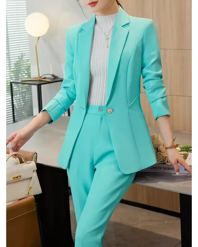 Офисный женский костюм из блейзера и брюк, Женская Деловая одежда для работы, зеленый, синий, абрикосовый, черный официальный комплект из 2 предметов
