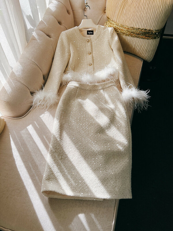 lingzhiwu Spring Tweed Skirt Set French Vintage Ladies Sequins Feathers Tassel Outerwear Skirt Suit White Twinset New Arrive
