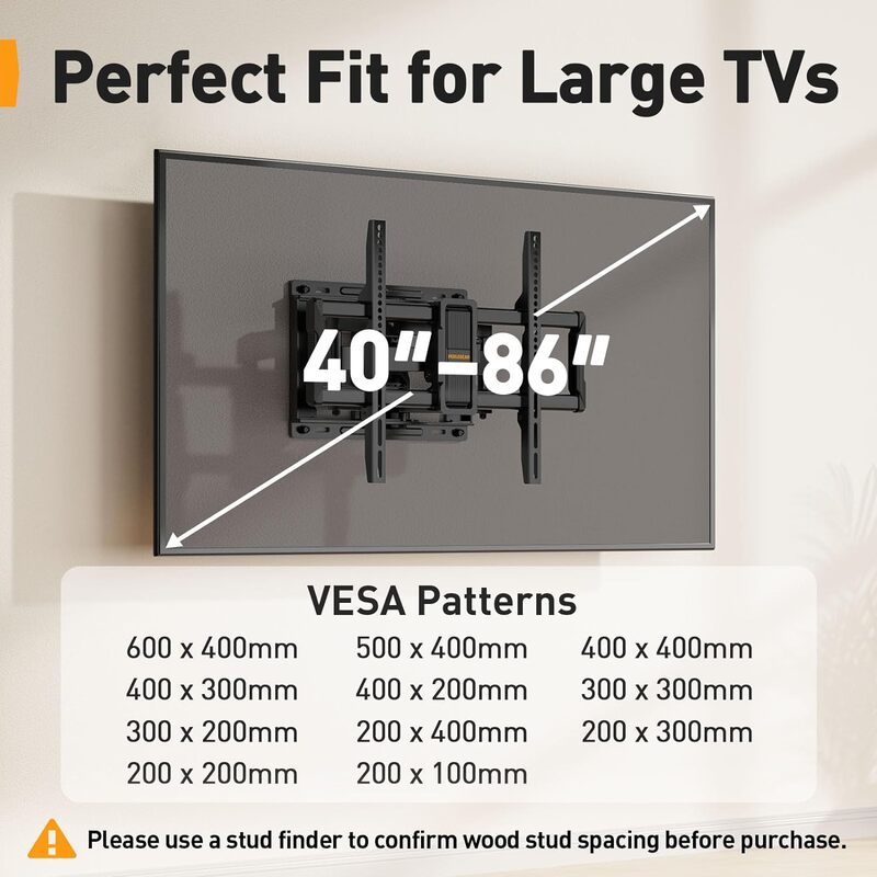 Perlegear UL-зарегистрированное полное движение ТВ настенное крепление для 40-86 дюймовых плоских изогнутых телевизоров до 132 фунтов, 12 дюймов/16 дюймов деревянные шпильки, кронштейн для телевизора