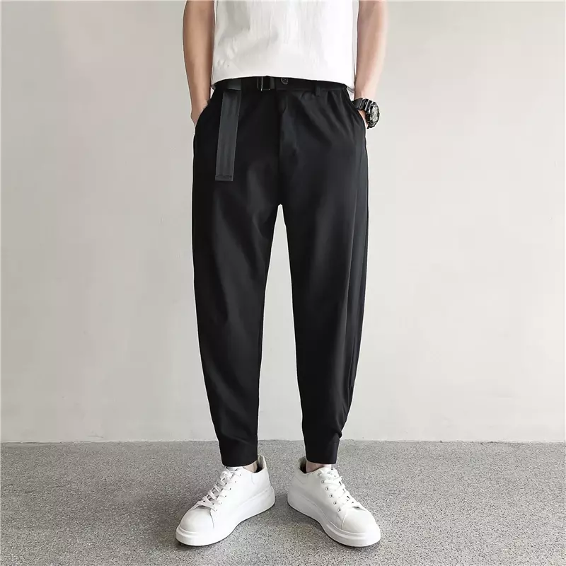 Celana panjang lurus longgar pinggang tinggi pria, celana panjang hitam Mode Korea musim semi musim gugur kasual besar untuk pria