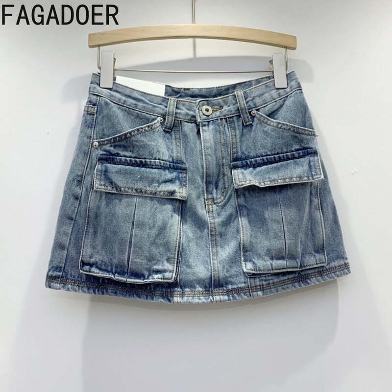 FAGADOER-Saias jeans personalizadas com bolso de carga para mulheres, cintura alta, mini saias de botão, fundo de cowboy combinando, moda Y2K, verão