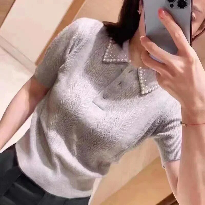 Pearl Decoration Women's Gray Sweater Hollow Out Turn-down Collar Short Sleeve Casual Summer 2024 Knitted Pullover