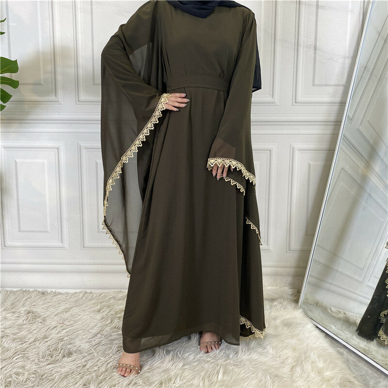 Abaya-Robe Longue à Manches Chauve-Souris pour Femme, Vêtement Musulman, Couleur Unie, Simple, avec Ceinture, à Lacets, Islam, Dubaï