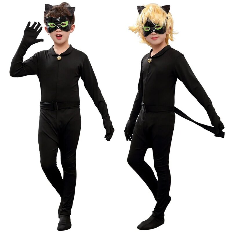 Kids Anime Black Boys Cat Costume with Mask Carnival Party Stage Performance Clothing for Kids