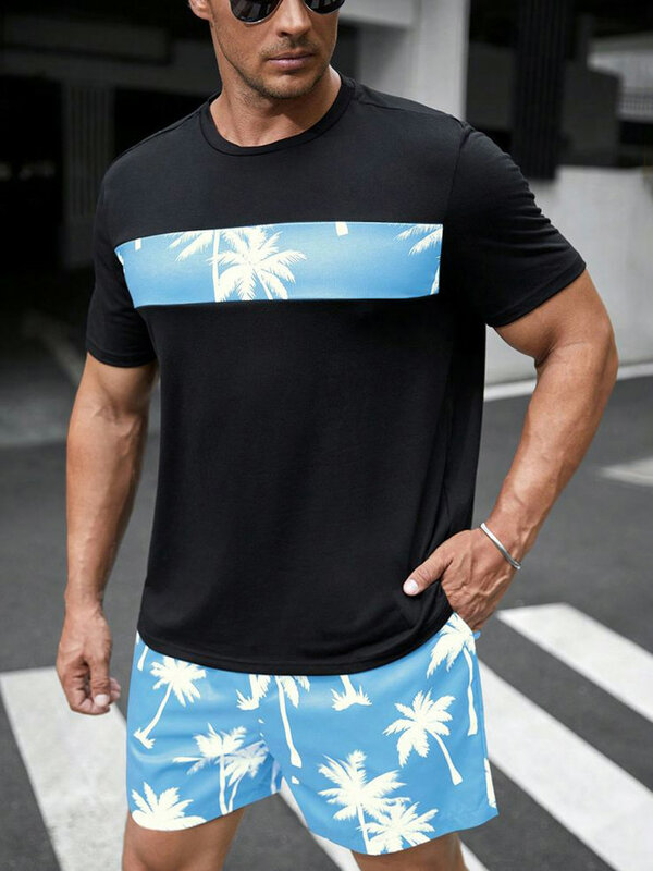 Camisetas da moda da cidade de rua, shorts de praia diários ao ar livre, de manga curta para homens, conjuntos de verão, estampa 3D