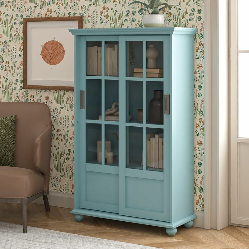 Bookcase with Sliding Glass Doors, Pale Blue