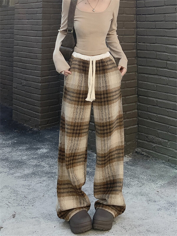 Celana panjang kotak-kotak wanita, celana panjang longgar, gaya Vintage mewah, kaki lebar, lurus, kasual harian, musim dingin, 2024