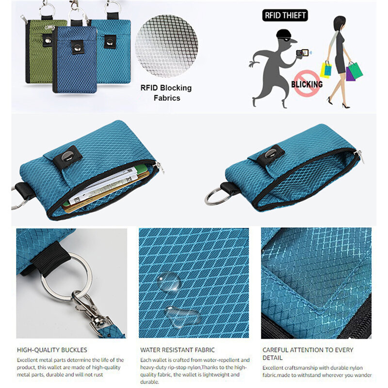 Portafoglio piccolo con blocco RFID con custodia con cerniera impermeabile per finestra ID con portachiavi con cordino per portamonete in contanti per carte