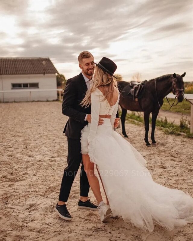 Romantico squisito abito da sposa a due pezzi lungo fino al pavimento maniche lunghe abito da sposa Casual arruffato Vestidos De Boda Para Fiestas