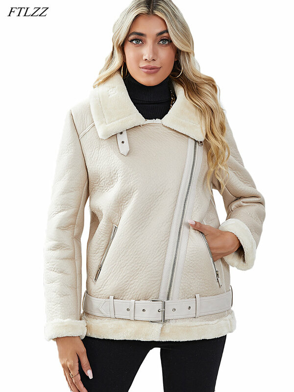 Ftlzz-女性用の毛皮のシープスキンジャケット,ベルトと折りたたまれた襟付きの厚手の暖かいコート,秋冬