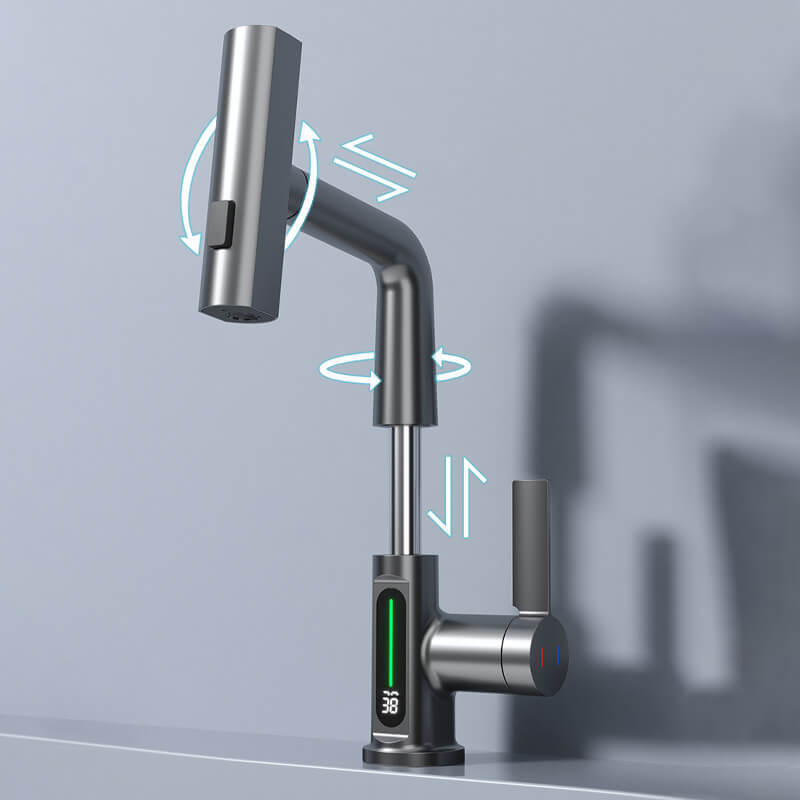 Puxando o Lifting Digital Display Waterfall Faucet, Pulverizador de fluxo, Misturador para pia de água quente e fria