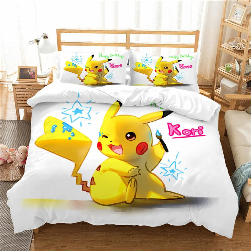 Dekbedovertrek Japanse Anime Schattige Cartoon Full Size Digital 3d Print Pikachu Beddengoed Bedrukking Kinderset Kamer Decoratie