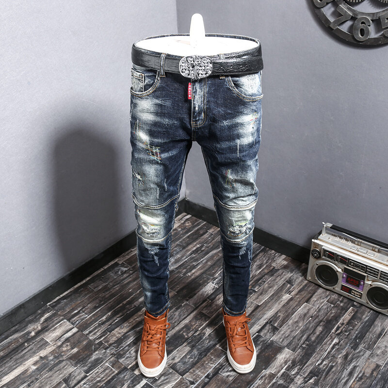 Streetwear Fashion Men Jeans Retro Black Blue Embroidery Patched Stretch Skinny Ripped Jeans Men Spliced Designer Hip Hop Pants