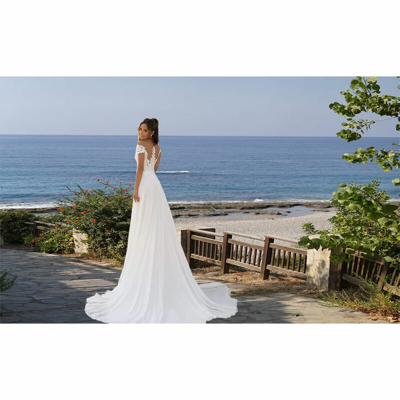 Vestido de noiva branco com applique do laço, off-the-ombro, "sexy", fenda lateral, trem chiffon, para a praia, verão