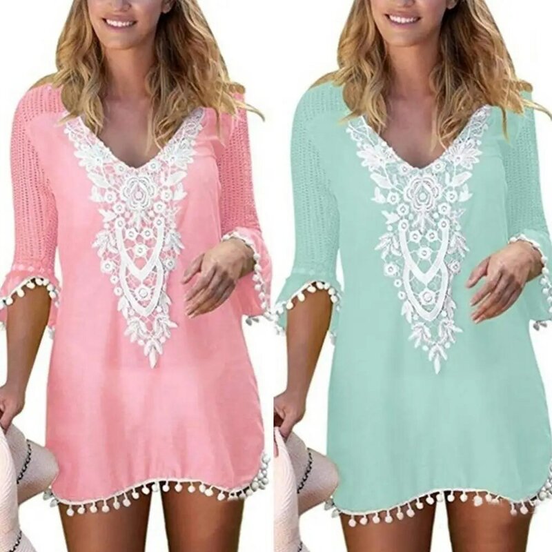 Plus Size Summer Women Beach Wear Lace Crochet pompon Trim Bikini Cover Up Dress
