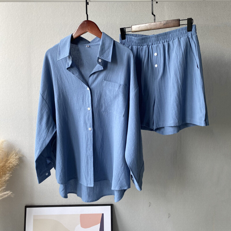Conjunto feminino de terno casual solto de duas peças, camisa vintage, shorts domésticos, roupas de blusas, 2022