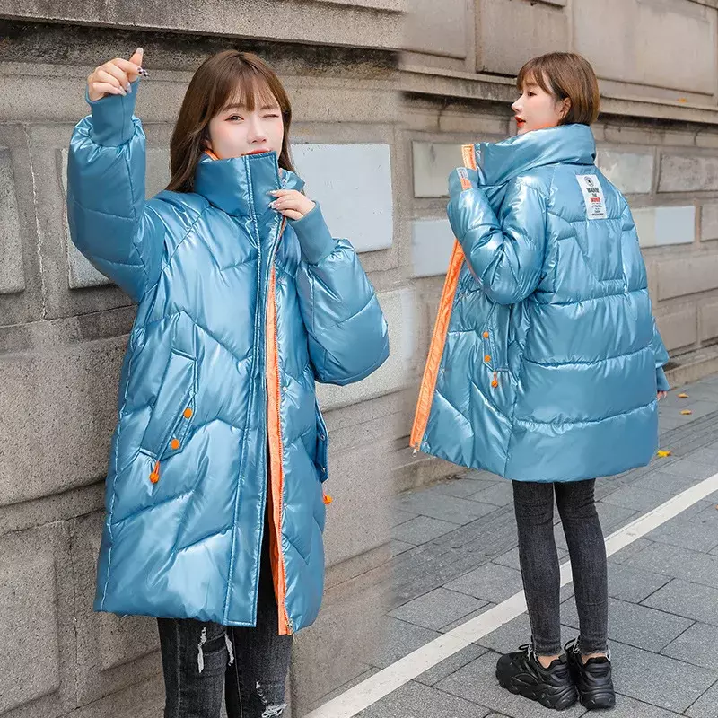 Pakaian Musim Dingin untuk Wanita Jaket Versi Korea Mengkilap Longgar Panjang Kerah Berdiri Katun Layanan Roti