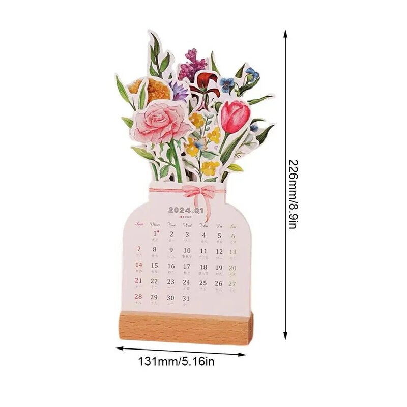Bloomy Flower Desk Calendário, Cartão De Madeira Criativo, Alta qualidade, Desktop, Illustrator, Decorar Suprimentos, 2024