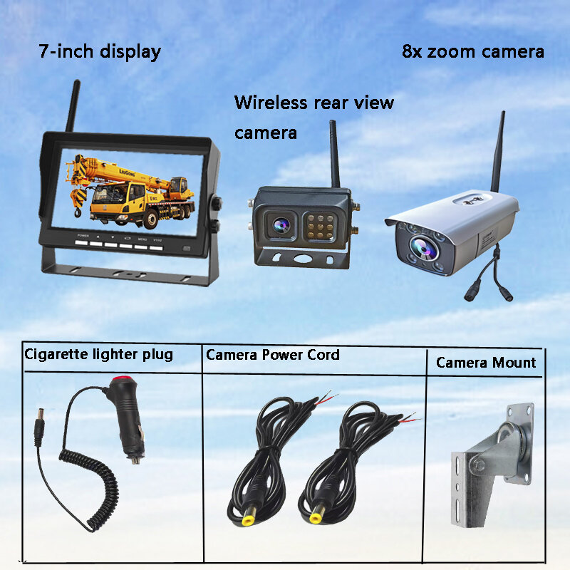 Câmera de monitoramento sem fio do guindaste, zoom da torre, tela de 7 ", gravação de vídeo, inversão traseira, caixa preta, 12V, 24V