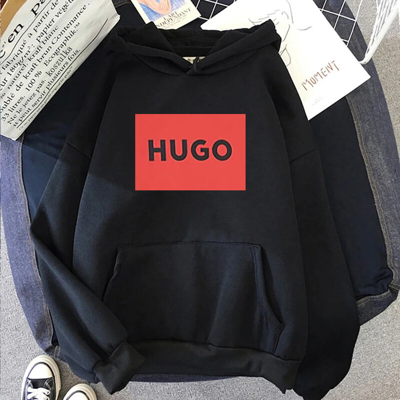 HUGO Sweater Pria Hoodie Korea lengan panjang Logo persegi besar Fashion Hoodie sambungan cocok