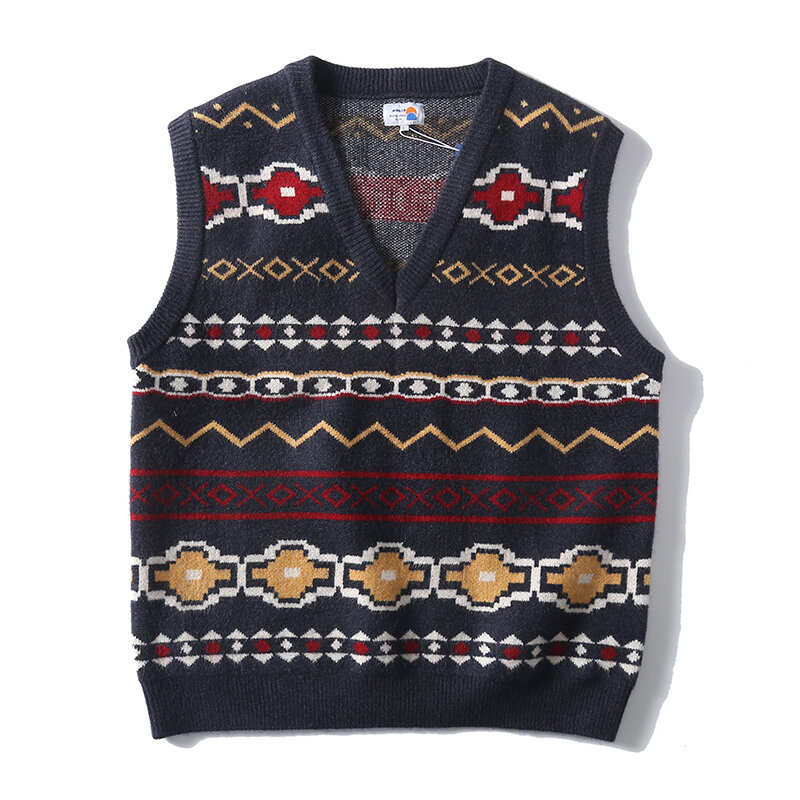 Men's and women's Japanese vintage jacquard knitted sweater waistcoat and vest