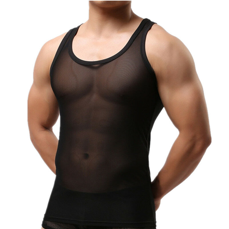 Camisetas de malla transparente para hombre, ropa interior Sexy sin mangas, informal, deportiva, Fitness, gimnasio, musculoso