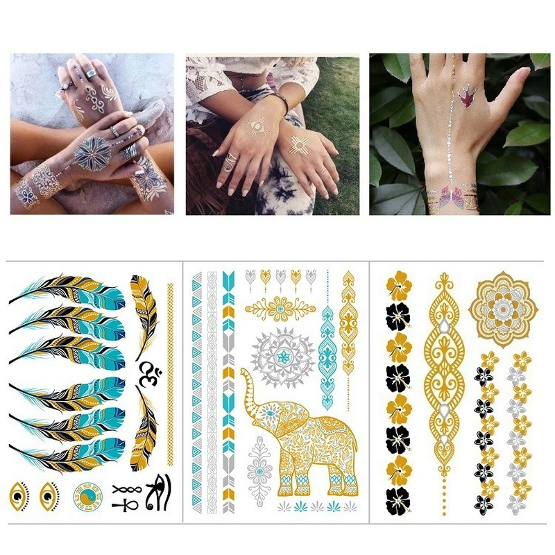 Flash Metallic Waterproof Tattoo Temporary Color Gold Silver Women Peacock Feather Bird Design Sticker on The Body for Wedding
