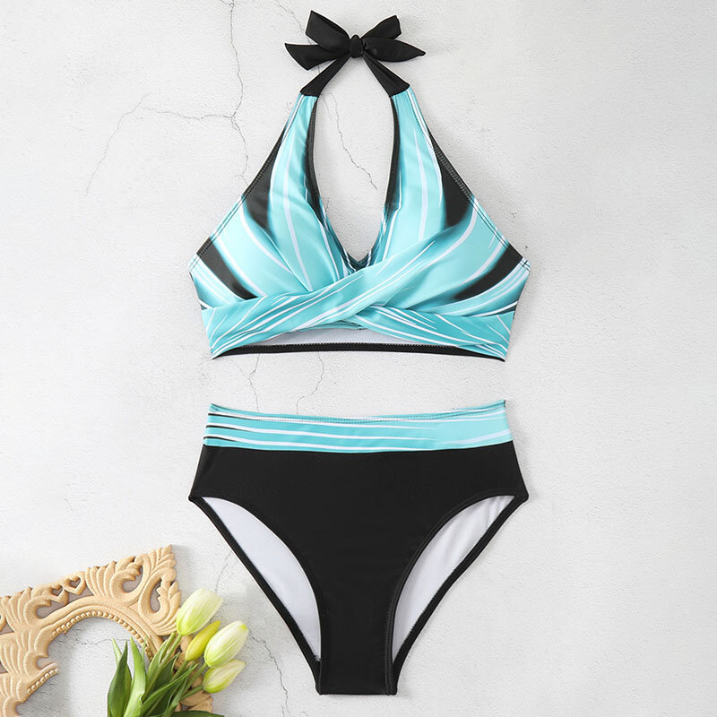 Rimiut Sommer sehen blaue Frauen Bikini Badeanzug Kreuz V-Ausschnitt mehrfarbig zweiteilig Set Strand Bad Bikinis Set sexy Bade bekleidung