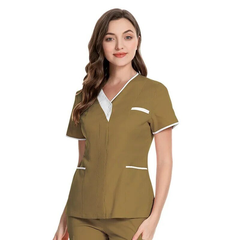Strój pielęgniarki kombinezon damski kombinezon kieszonkowy z krótkim rękawem, pielęgniarka medyczna, pracująca odzież robocza, tunika, Top