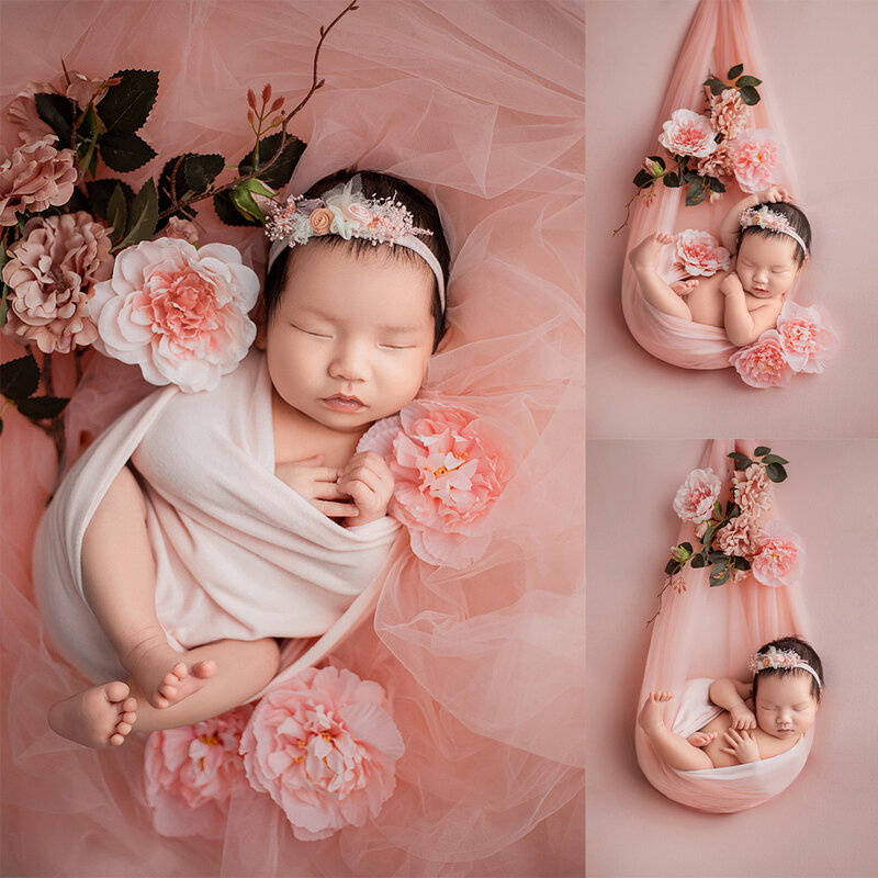 Accesorios de fotografía para recién nacido, envolturas elásticas suaves de algodón, accesorios de fondo de tul, juego de fotografía de tema rosa para estudio